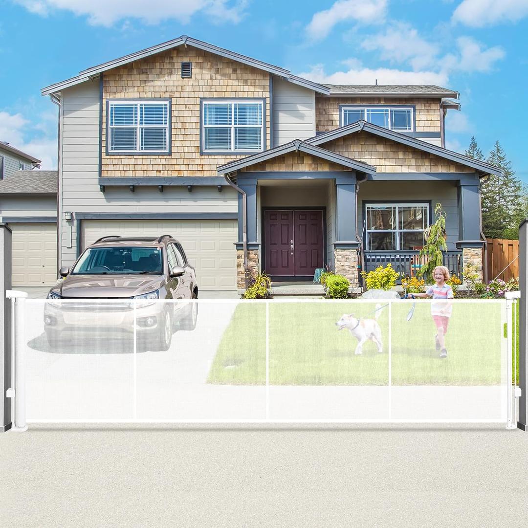 160" Retractable Baby Gate Extra Wide, 41" Tall Retractable Dog Gate for Stairs, Doorways, Decks, Mesh Gate Long Child Gate Pet Gate for Indoor, Outdoor, with Reinforced Mesh Rods, Dual Locks (White)