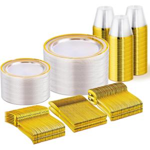 WELLIFE 450 PCS Clear Gold Disposable Dinnerware Set for 75 Guests, Clear and Gold Plastic Plates for Party, 75 Dinner & Salad Plates, Cups, Spoons Forks Knives for Wedding and Party Anniversary
