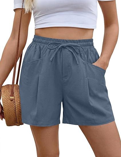 Linen Shorts Women Casual Wide Leg High Waisted Summer Outfits Comfy Elastic Waist Beach Shorts with Pockets, Denium Blue Large