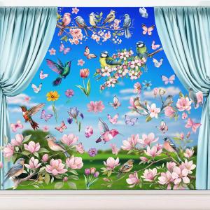 9 Sheets Window Stickers Spring Flowers Bird Window Stickers Colourful Butterfly Flower Window Stickers Self-Adhesive Double Sided for Glass Showcases Bedroom Living Room Bathroom