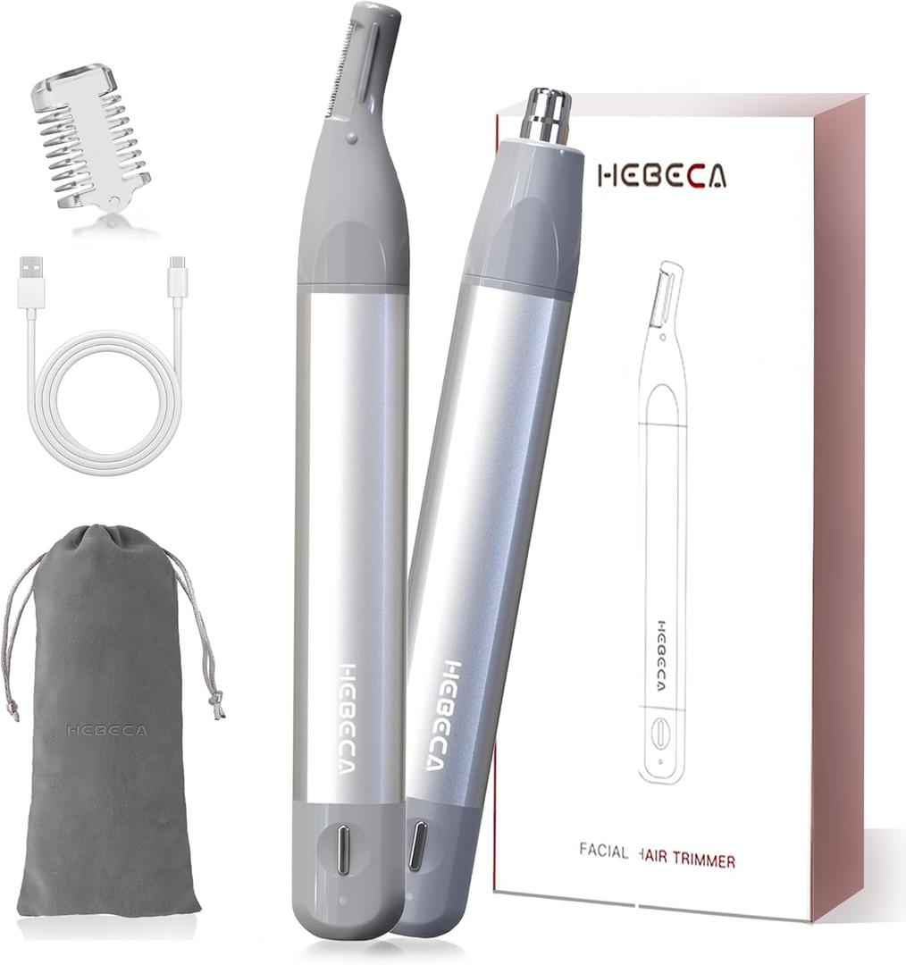 HEBECA Nose Hair Trimmer for Men & Women - 2in1 Rechargeable Ear and Nasal Hair Trimmer, Waterproof Nose Clipper, Electric Eyebrow Trimmer & Facial Hair Remover Grooming Set (Silver Grey)