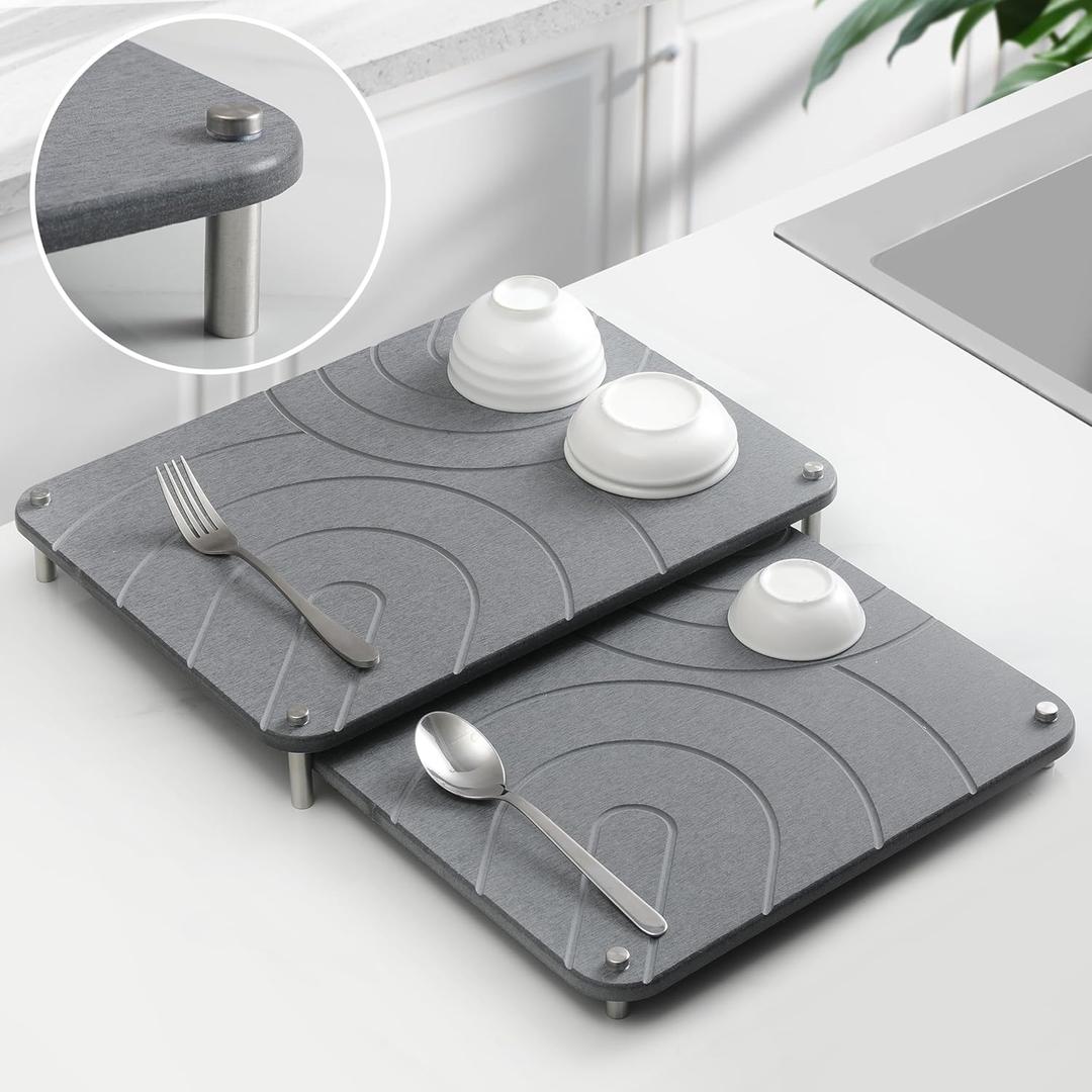 CZWL&HG 2 PCs Stone Dish Drying Mats for Kitchen Counter-Diatomaceous Dish Drying Mats Superb Absorbent with Non-Slip Stainless Steel Feet, Heat Resistant, 15.7" (L)11.8"(W)