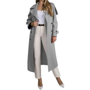 Muchpow Women's Long Trench Coat Double Breasted Lapel Oversized Windproof Overcoat with Belt (X-Large, Light Gray)