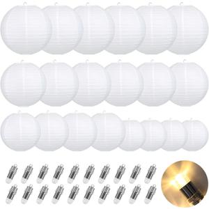 LIHAO 20PCS White Paper Lanterns with Lights, Round Hanging Chinese Lanterns Decorative for Wedding Anniversary Birthday Party Home Decor(Size of 6, 8, 10, 12)