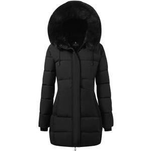 ASPO Women's Winter Warm Coats Waterproof Thick Fleece Lined Down Puffer Jacket 5 Pockets Long Parka Faux Fur Detachable Hood Black S (Black, S)