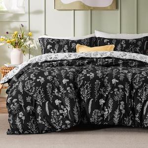 Bedsure Duvet Cover Queen Size - Reversible Black Queen Duvet Cover Set with Zipper Closure, 3 Pieces Floral Patterned Bedding Set with 8 Corner Ties and 2 Pillow Shams