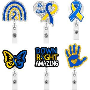 ANGOLIO Down Syndrome Awareness Badge Reels - 6Pcs Retractable Glitter Acrylic Ribbon ID Badge Holder for Nurse Doctor Teacher Student Name Tag Cards World Down Syndrome Day Back to School Gifts