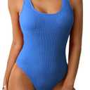 Limeeke Women One Piece Swimsuit Solid Ribbed Monokini Swimwear Scoop Neck Low Back Bathing Suit, M