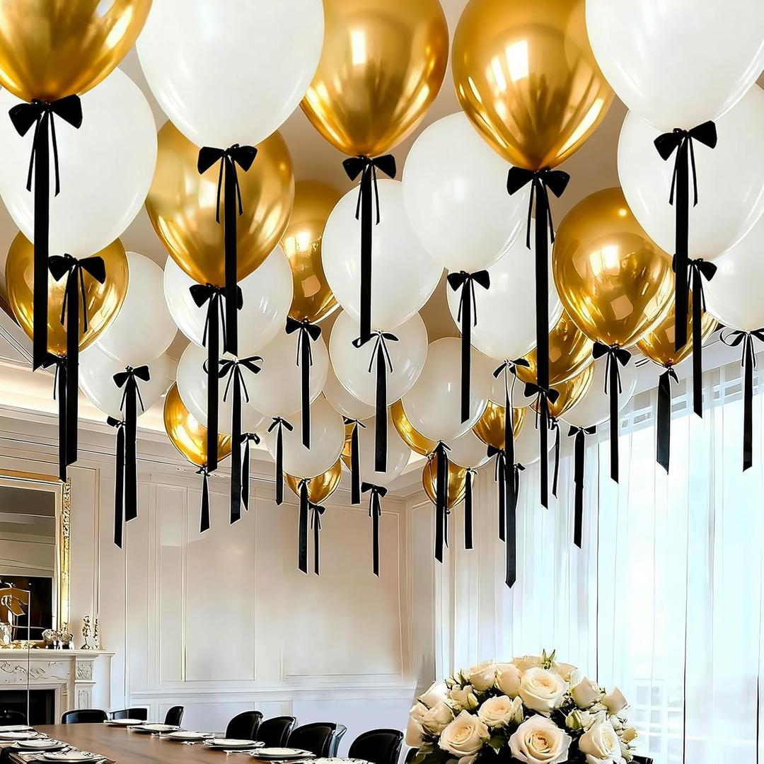 80PCS Black Bow Birthday Decorations, Pre-Tied Black Bows for Balloons with White and Gold Birthday Decorations for Bow Themed Parties