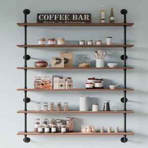 48 InchPipe Bookshelf Floating Shelves for Wall Shelves Bookshelf Industrial Pipe Shelving Shelves Real Wood Planks Rustic Hanging Shelves Farmhouse Kitchen Bar Shelving (Brown)