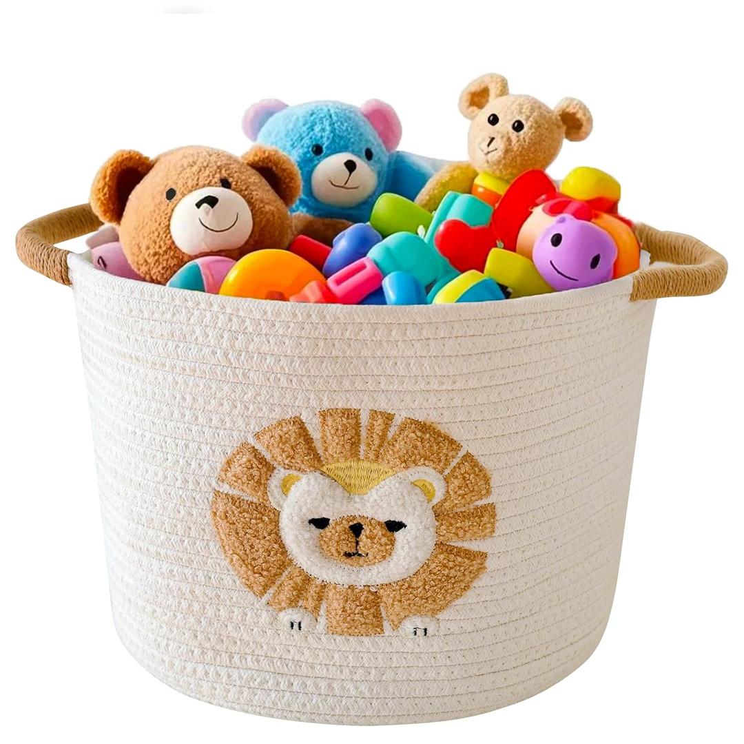 Toy Storage Basket for Kids Baby Laundry Baskets for Blanket Cute Toys Organizer Nursery Hamper Cotton Rope Baskets for Organizing, tp Diaper Storage Bin for Baby Shower Gifts, Dog Cat Toy Box (Lion)