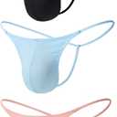 Seamless Cotton Men's G-String & Thong - Ultra Thin Travel Underwear (Black/Blue/Pink), Large