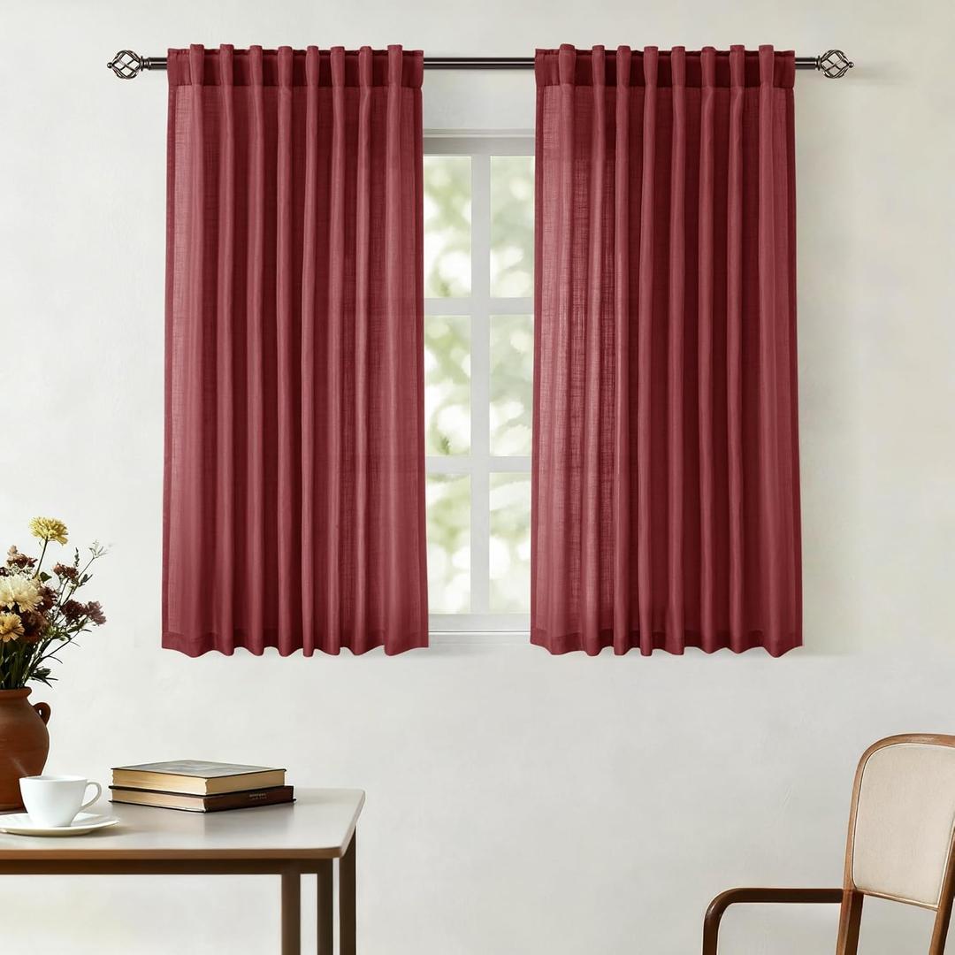 Burgundy Curtains for Living Room Back Tab Modern Farmhouse Semi Sheer Burgundy Curtains 45 inches Long 2 Panels Set Muted Neutral Window Curtain for Dining Room Bedroom 52x45