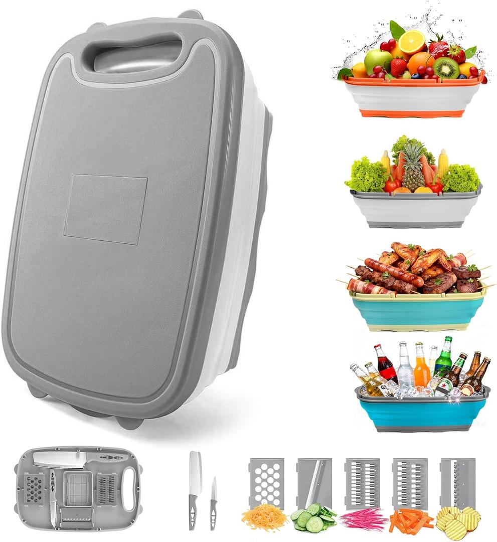 Gintan Camping Cutting Board, 9-in-1 Collapsible Chopping Board with Colander, Kitchen Vegetable Washing Basket for Camping, Camping Gifts Camping Accessories for RV Campers (Gray)