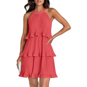 ZESICA Women's 2026 Summer Halter Cocktail Dresses Sleeveless Ruffle Tiered Chiffon Pleated Wedding Guest Mini Dress (XL)