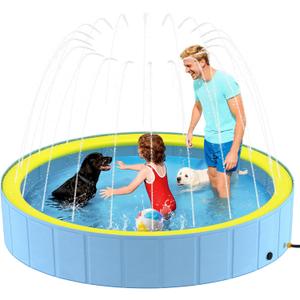 Heeyoo Foldable Dog Pool with Sprinkler for Large Dogs, Portable Hard Plastic PVC Pet Bathing Tub, Outdoor Collapsible Swimming Pool for Pets, 97'' x 16''