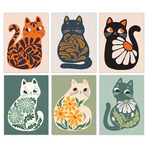 FEOFTIE Cat Wall Art Neutral Boho Poster Plants Retro Animal Pictures Print Green Posters Mid Century Printing Colorful Cat Art Vintage Orange Bedroom Bathroom 24x16 Inch Set of 6 Unframed
