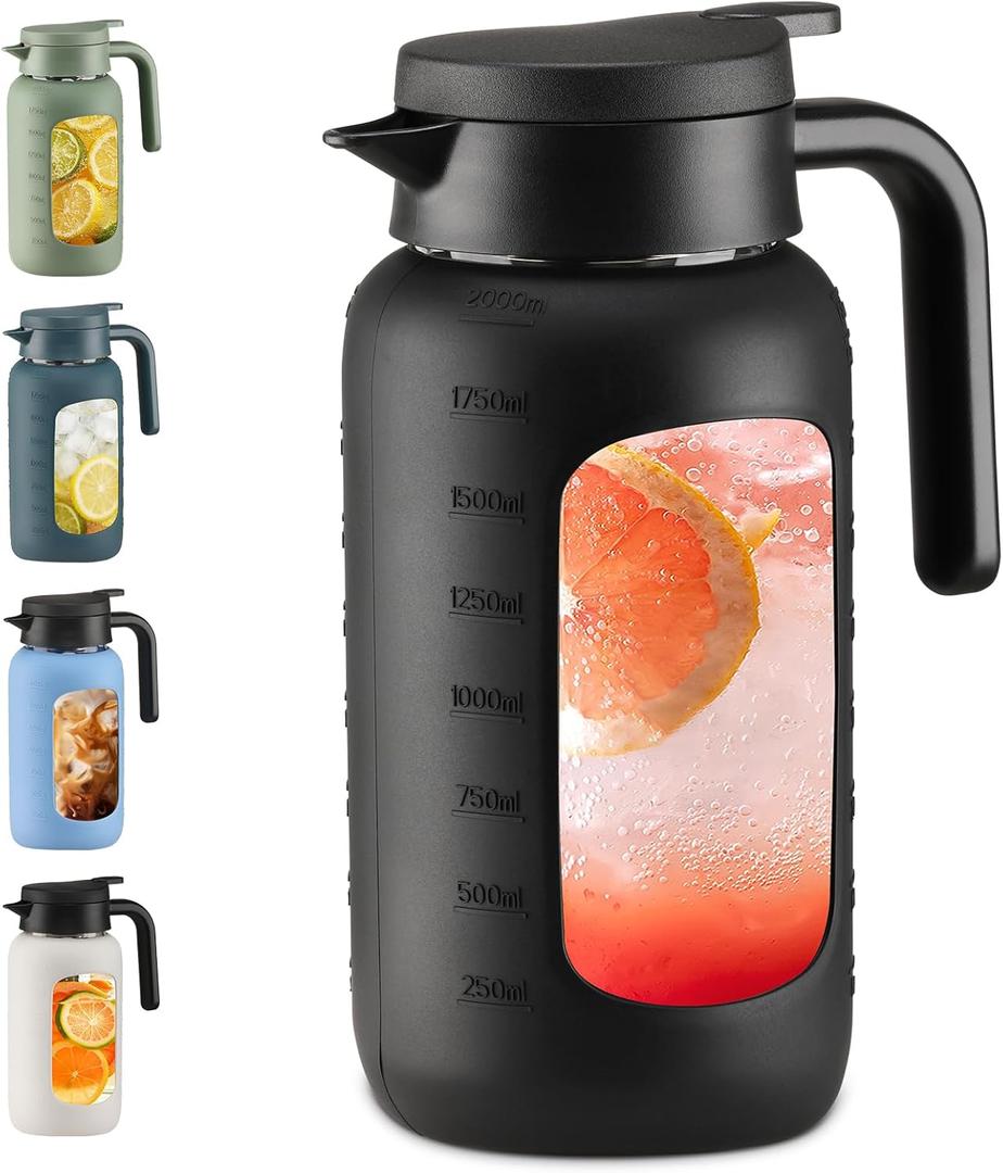 68 oz Glass Pitcher with Lid and Handle, Glass Carafe/Jug for Hot/Cold Water, Large Iced Tea Pitcher for Coffee, Juice and Homemade Beverage, Black