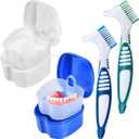 2 Pack Denture Bath Case Cup Box Holder Storage Container with Denture Cleaner Brush Strainer Basket for Travel Cleaning (Blue and Pink)