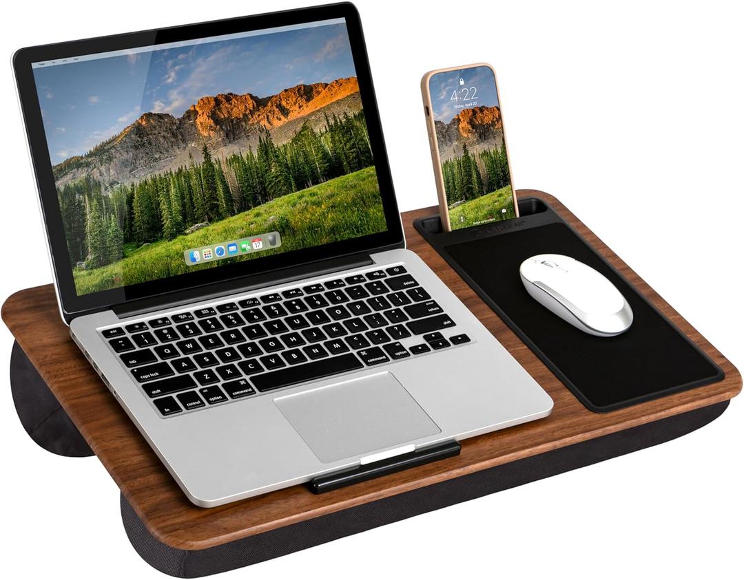 LAPGEAR Home Office Lap Desk with Device Ledge, Mouse Pad, and Phone Holder - Espresso Woodgrain - Fits up to 15.6 Inch Laptops - Style No. 91575