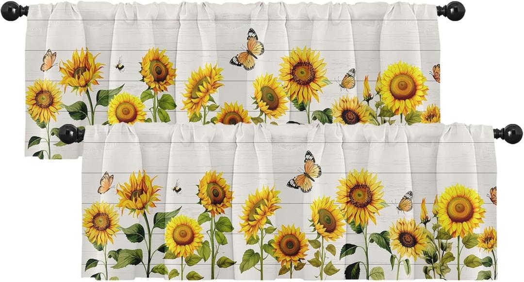 Emvency 2 Pack Valances Window Treatments Farmhouse Sunflower Spring Summer Butterfly Blackout Drapes Adjustable Curtain for Windows Living Room Kitchen Over Sink 18x52 Rod Pocket Valances