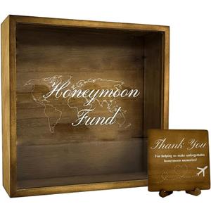 Honeymoon Fund Box, 9.5 x 9.5, Brown, Card and Money Box for Weddings, Rustic Wooden Fund,Shadow Box for Wedding Reception, Party Bridal Shower