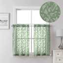 Lecloud Leia 36 Inch Sheer Curtains Sage Green Tiers for Kitchen 2 Pieces, Double Rod Pockets Window Living Room Curtain for Small Window, Jacquard Leaves Voile Bathroom/Bedroom Drapes, 38x36 Inches