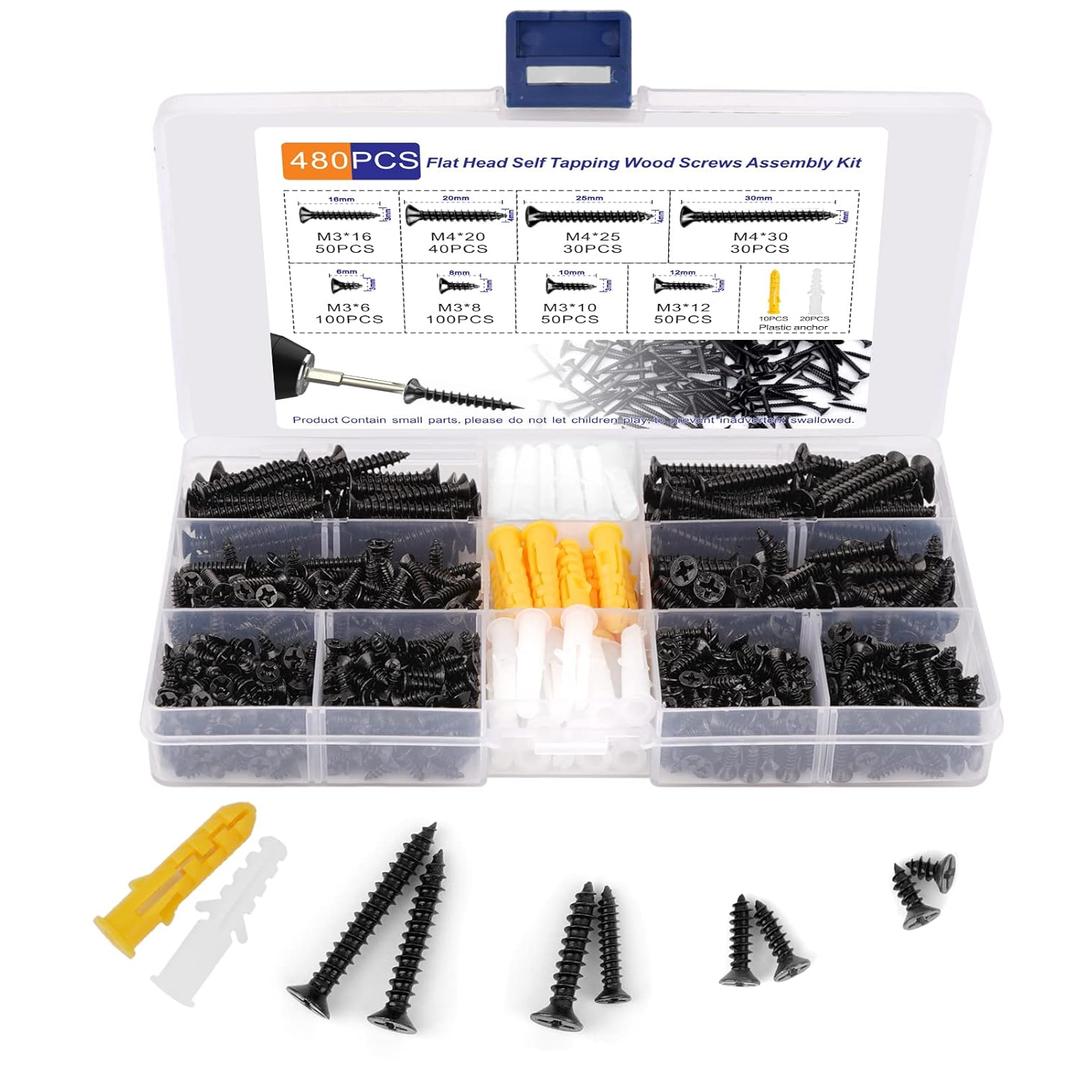 480pcs Wood Screws Assortment Kit, M3 M4 Small Screws Set, Phillips Drive Flat Head Self Tapping Screw, CabinetScrew, Black Wood Screws, 8 Sizes Short Screws Fasteners with 30pcs screwAnchorss