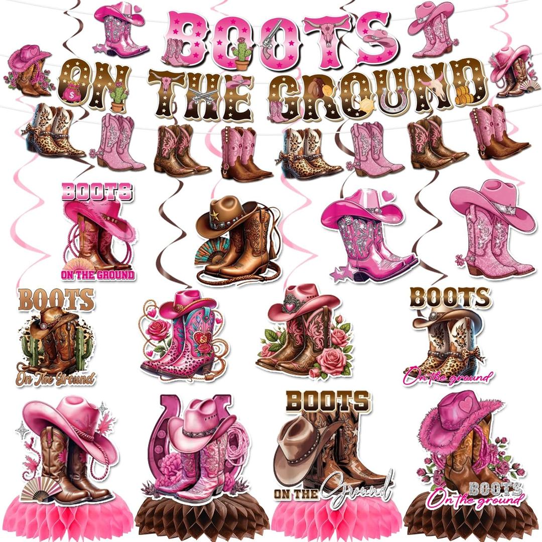 Boots on The Ground Decorations - 13 Pcs Pre-strung Banner Hanging Swirls Honeycomb Table Centerpieces Decor Set Western Cowgirl Birthday Baby Shower Party Supplies for Women Girls