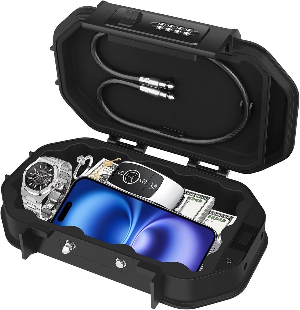 Diyife Portable Safe Box, Travel Safe Lock Box with Code, 4 Digit Combination Lock Waterproof Anti-Theft Lock Box with Removable Chain, Portable Lockbox for Beach Outdoor Dorm Hotel Home Car (Large)