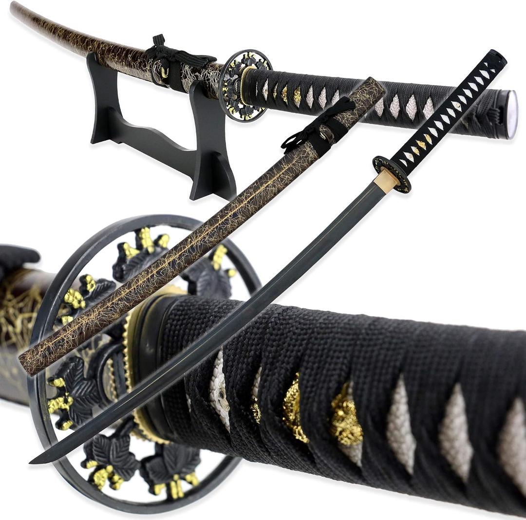 Vulcan Gear Japanese Black Blade Sacred Handmade Sharp Katana Samurai Sword with Wood Sword Stand and Scabbard
