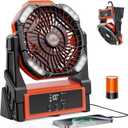 Camping Fan Rechargeable, Battery Powered Fan with Lights, Outdoor Beach Tent Fans, 4 Speed, Adjustable Brightness for Picnic, Barbecue, Fishing, Office, Home