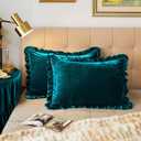 Velvet Pillow Shams Set of 2 Retro Ruffle Flounces Trim Soft Decorative Luxurious Solid Malachite Green Farmhouse Vintage Pillow Cases for Bedroom Decor Standard 20x26 Inch