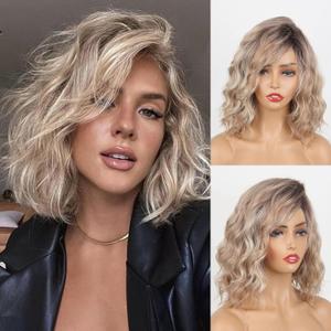Short Ombre Blonde Curly Bob Wig with Bangs for Women, Side Part, Real Human Hair, Dark Roots, Lightweight, Tangle-Free for Daily Use (Dirty Blonde, 12-14 inch)