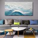TRAIN2 ART Abstract Wall Art for Living Room Blue and White Ocean Paintings Wall Decor Modern 3D Textured Canvas Wall Art Large Artwork for Living Room Bedroom Office 20"x40"