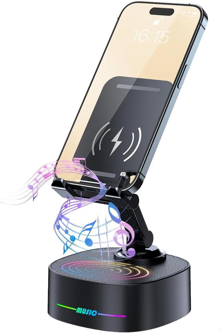 Bluetooth Speaker with Wireless Charging and Cell Phone Stand, Best Speaker Stand for iPhone/iPad/Samsung Galaxy, HD Surround Sound Perfect for Home and Outdoors, Creative Gift (Black)