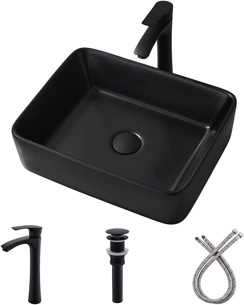 Black Vessel Sink with Faucet and Drain Combo -Bokaiya 16x12 Matte Black Vessel Bathroom Sink Rectangle Above Counter Porcelain Ceramic Vessel Sink Art Basin