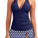 Yonique 2 Piece Swimsuits for Women Halter Tankini Top with Skirt Bottom V Neck Bathing Suit (Large, Navy Blue)