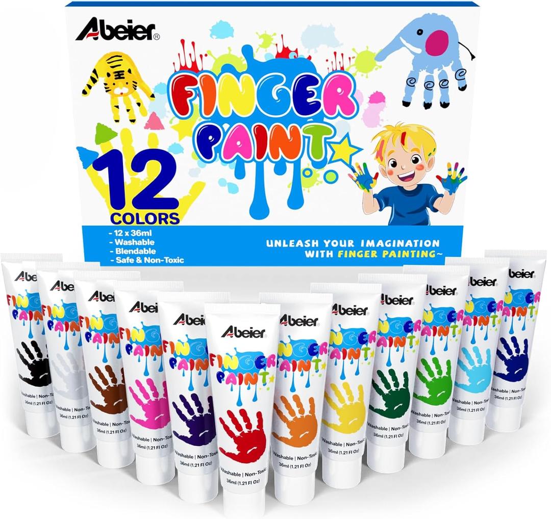 ABEIER Washable Finger Paint for Toddlers, Safe Non-Toxic, 12 Vibrant Colors (1.21fl oz), Baby Safe Paint for Hand and Feet, Mess Free Art Supplies for Kids, Preschool Learning Gifts, Ages 1-6 Years Old 