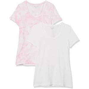 Amazon Essentials womens Regular-Fit Short-Sleeve Scoop Neck T-Shirt, XS,Pink Tie Dye/White