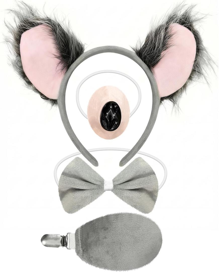 Koala Costume Set, Koala Ears Headband, Tail, Nose and Bows Tie for Women, Koala Cosplay Set Animal Costume