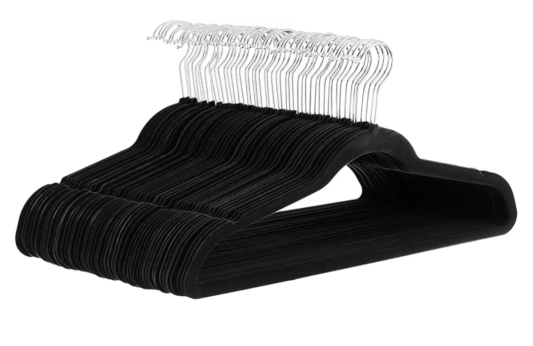 Basics Slim Velvet NonSlip Space Saving Suit Clothes Hangers for Closet Organization, Black/Silver, 30Pack