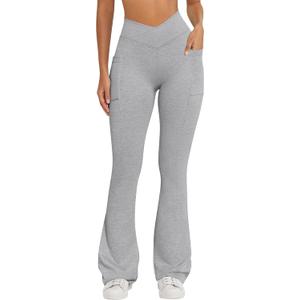 OQQ Women Pants Soft Active High Waist Crossover Flared Trousers with Pockets (X-Large, Heather Grey)