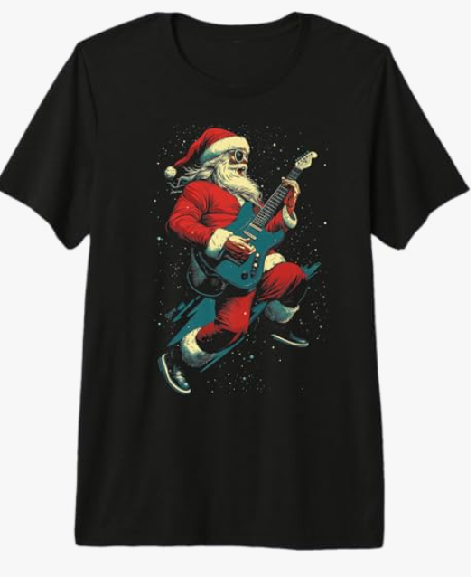 Rocking Christmas Santa Rock and Roll Guitar Lover Premium T-Shirt,  Size XL