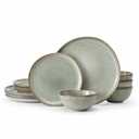 KINGSTONE Stoneware Dinnerware Sets, 12-Piece Reactive Glaze Porcelain Plates and Bowls Sets for 4, Handcrafted Rustic Ceramic Dishes Set, Highly Scratch Resistant, Dishwasher & Microwave Safe, Grey