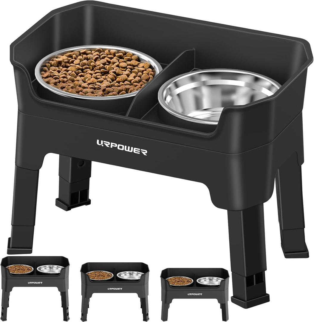URPOWER 3-in-1 Elevated Dog Bowls - Mess Proof Double Deck 4 Height Adjustable Raised Stand with 2 Stainless Steel Food Bowls & Licking Plate for Small, Medium & Large Dogs (Black)