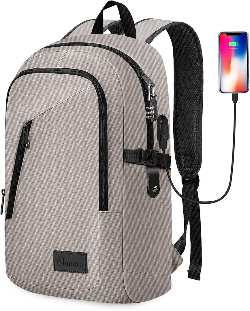 Mancro Travel Backpack for Men Women, Small Laptop Backpack with USB Charging Port, Anti Theft Computer Bag Fits 15.6 inch Notebook, Casual Daypack for Weekender Work Travel, Fog