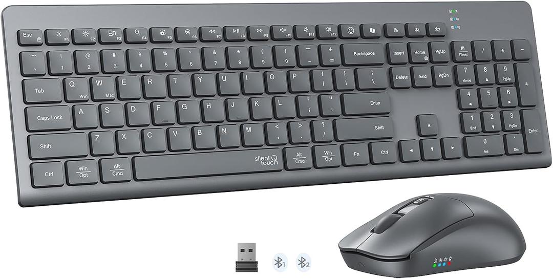Wireless Keyboard and Mouse, Quiet Bluetooth Keyboard Mouse Set, 2.4G/Bluetooth Full-Sized Computer Keyboard, 3200 DPI Adjustable Mouse, Long-Life Battery, for PC/Laptop/Tablet/Windows/Mac