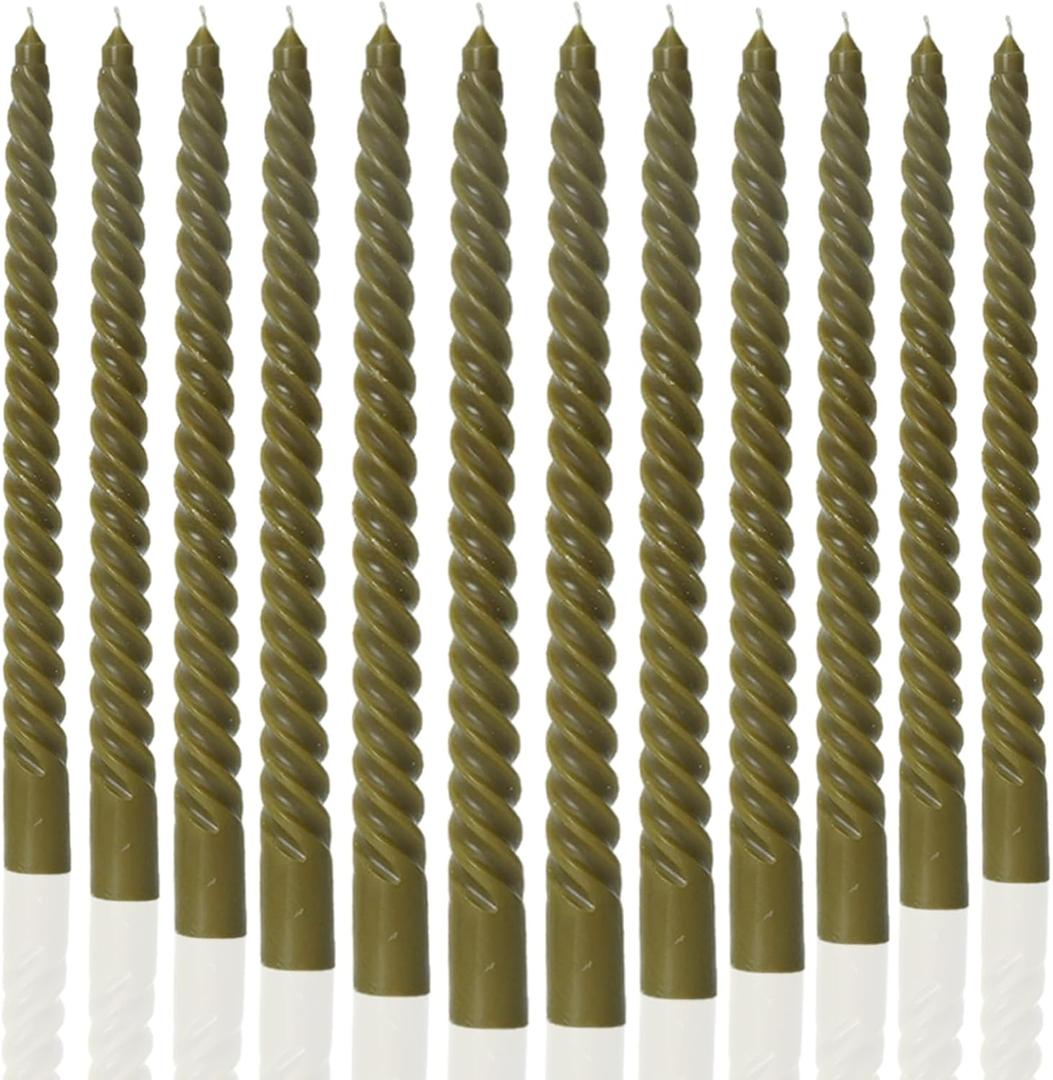 MAITREYA Olive Green Taper Candles Stick Spiral Twisted Candles-Set of 12 for Decoration Weddings Party Church-Unscented Dripless Candles,10inch(F-Olive)