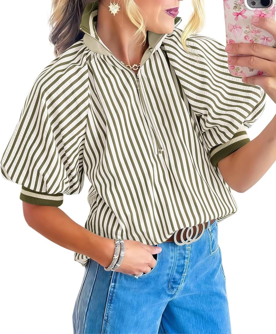 Womens Short Lantern Sleeve Top Half Zip Ribbed Knit Collared Striped Shirts (Beige, L)